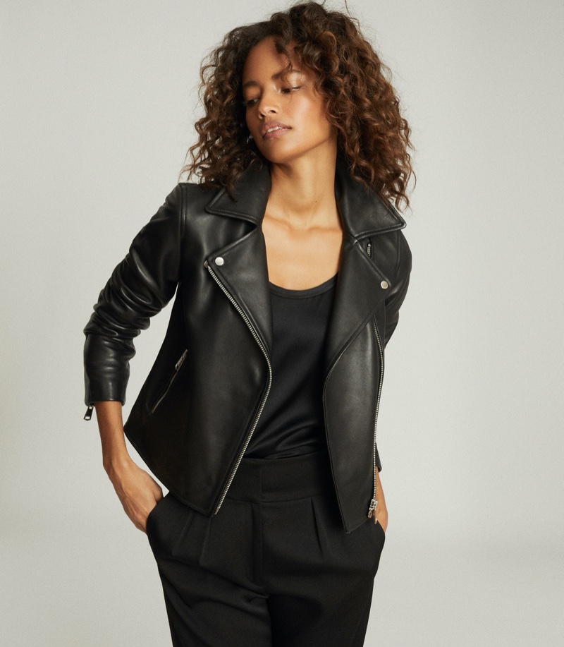REISS Geo Leather Biker Jacket $695