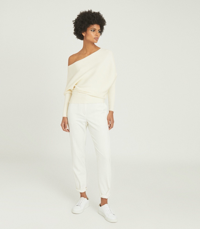 REISS Lorna Asymmetric Knitted Top in Cream $240