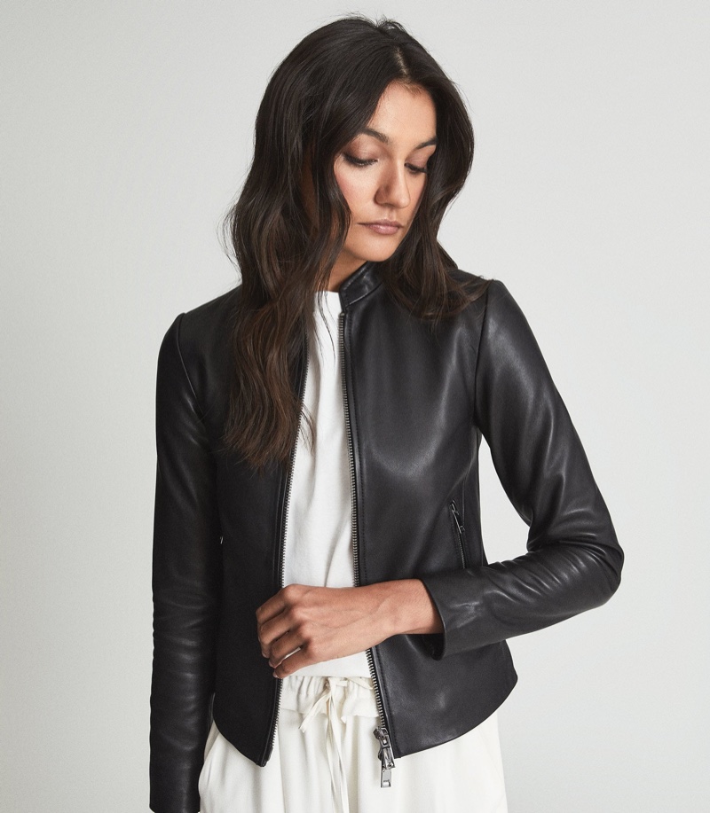 Reiss Allie Leather Collarless Biker Jacket $550