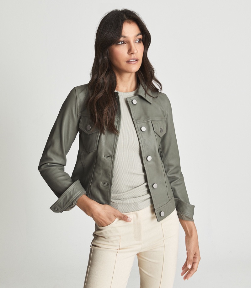 Reiss Piper Leather Trucker Jacket in Sage $720