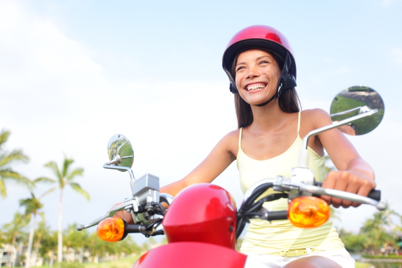 Smiling Asian Woman Red Bike Tropical Setting