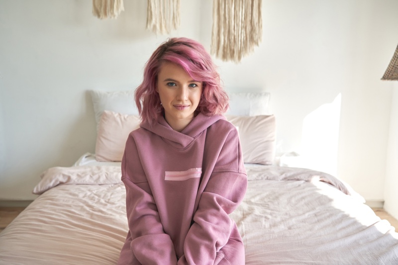 Smiling Girl Pink Hair Hoodie Bedroom