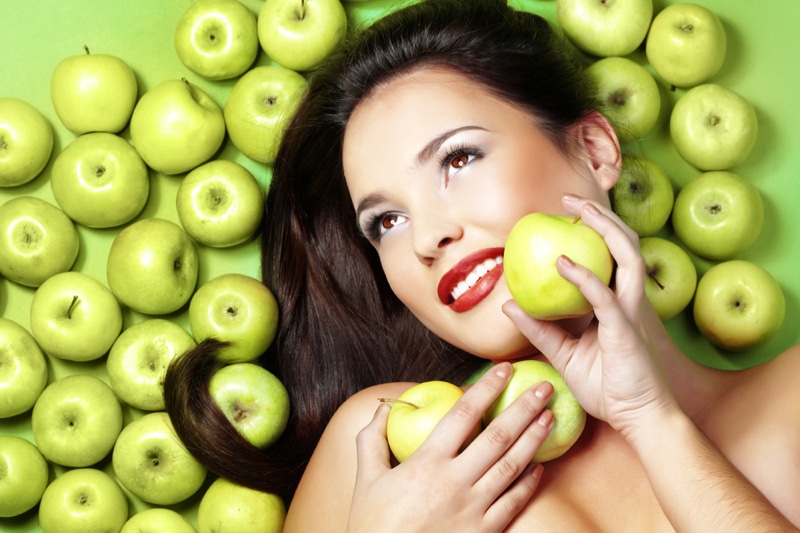 Smiling Model Beauty Makeup Green Apples Health Concept