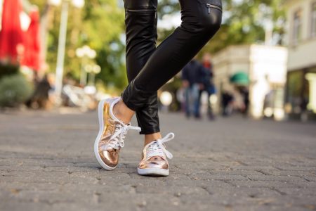 How Sneakers Went From The Street To The Fashion Shows Woman Rose Gold Sneakers Leather Pants