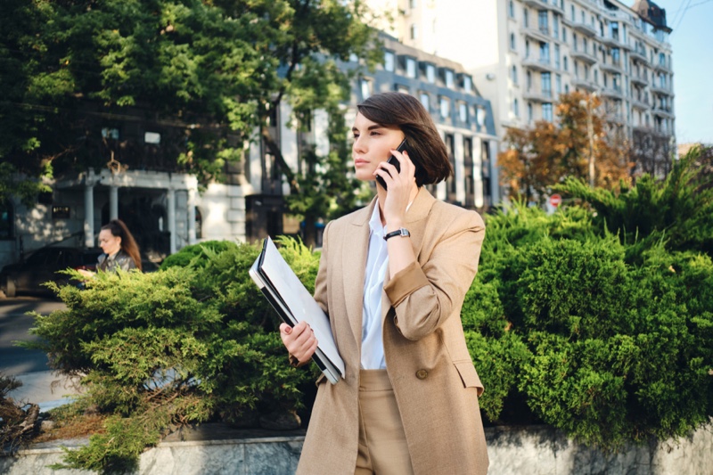 Woman Tan Suit Phone Papers