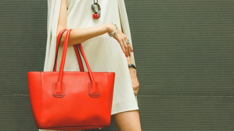 Woman White Dress Red Orange Bag Necklace Stylish