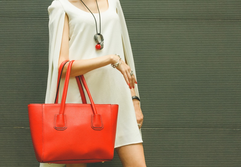 Woman White Dress Red Orange Bag Necklace Stylish