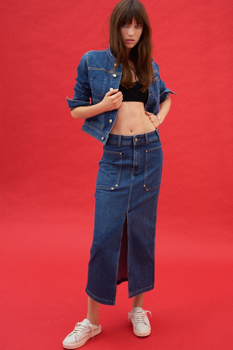 Model Grace Hartzel wears Zara denim jacket and skirt.