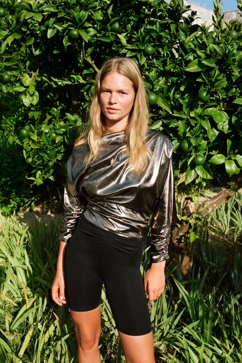 Zara Metallic Asymmetric Top and Biker Shorts.