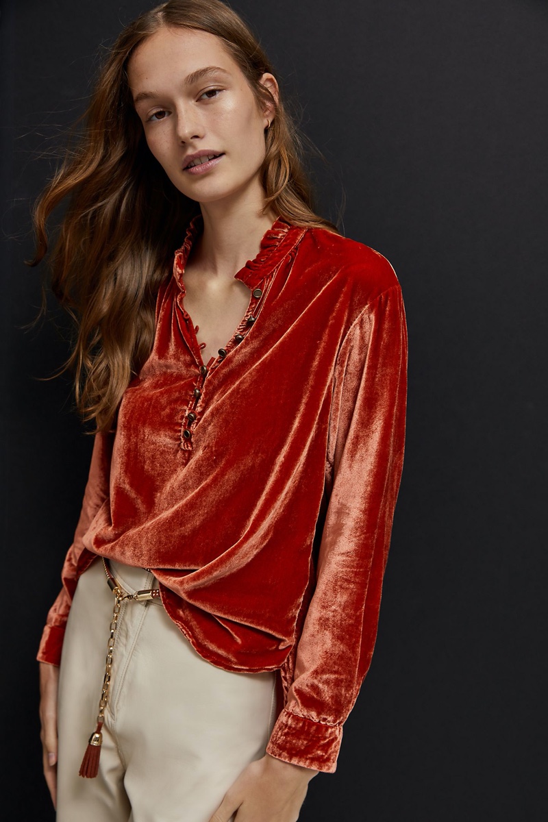 Anthropologie Kristianne Velvet Blouse in Cinnamon $128