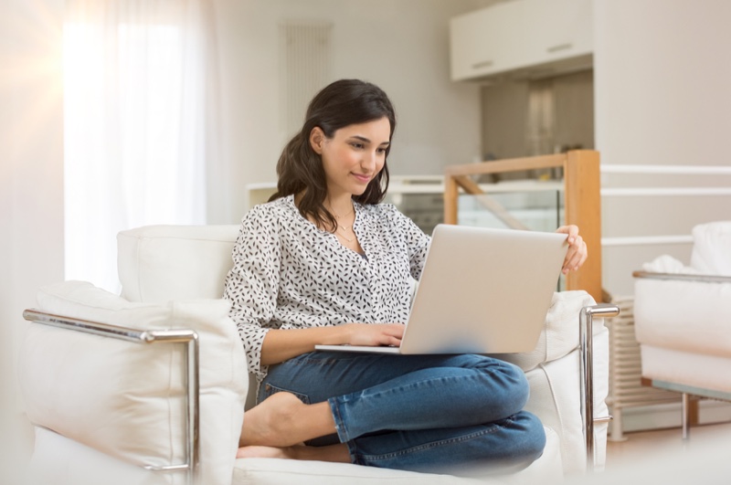 Attractive Woman Laptop Home Shirt Jeans