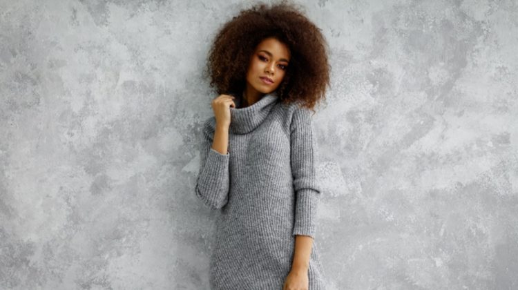 Black Model Curly Hair Grey Sweater Dress
