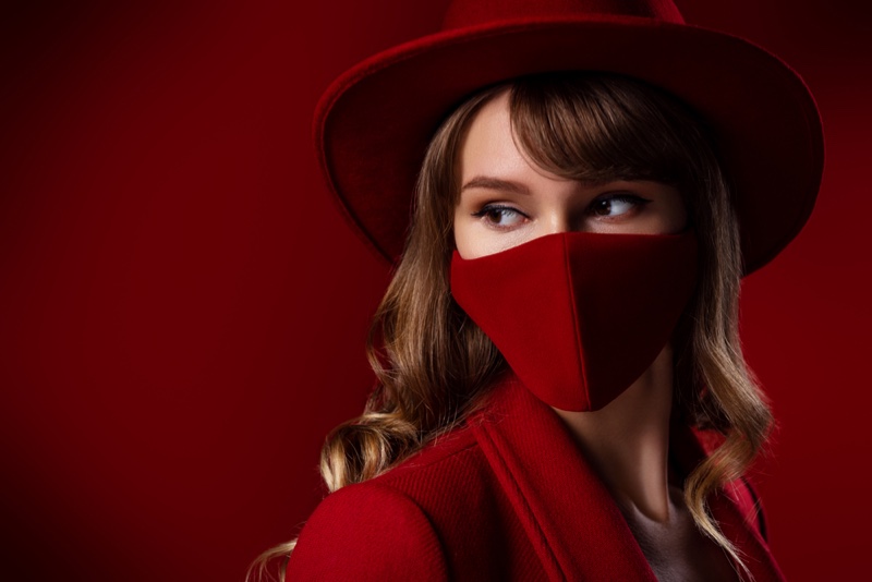 Closeup Model Red Look Mask Hat Jacket