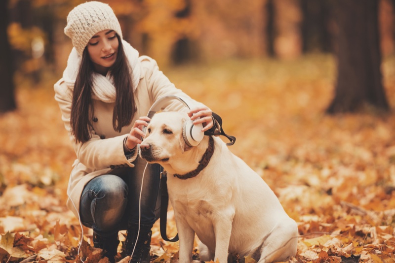 Dog Woman Park Autumn Leaves Headphones