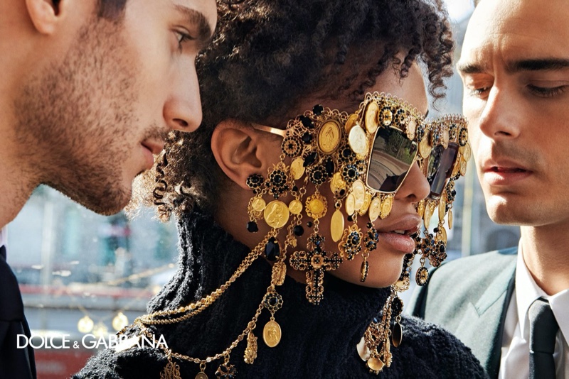 Samile Bermannelli models embellished frames in Dolce & Gabbana eyewear fall-winter 2020 campaign.