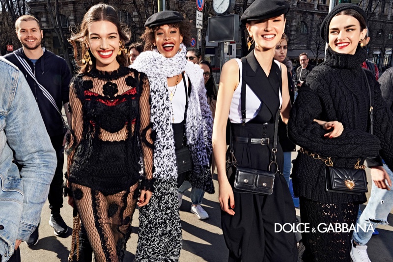 Models pose in Milan for Dolce & Gabbana fall 2020 campaign.
