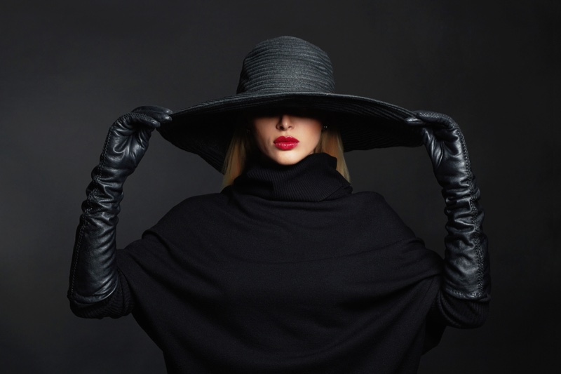 Glam Model Wide Brimmed Hat Leather Gloves High Neckline Covered Eyes