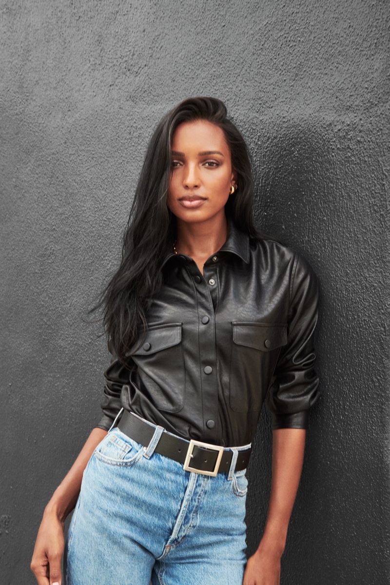 Jasmine Tookes sports faux leather for Dynamite fall 2020 campaign.