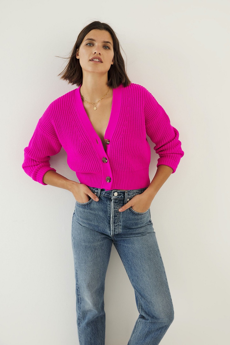 Maeve Sunny Cropped Cardigan in Medium Pink $98