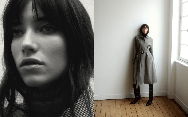 Grace Hartzel models Massimo Dutti check cotton trench coat.