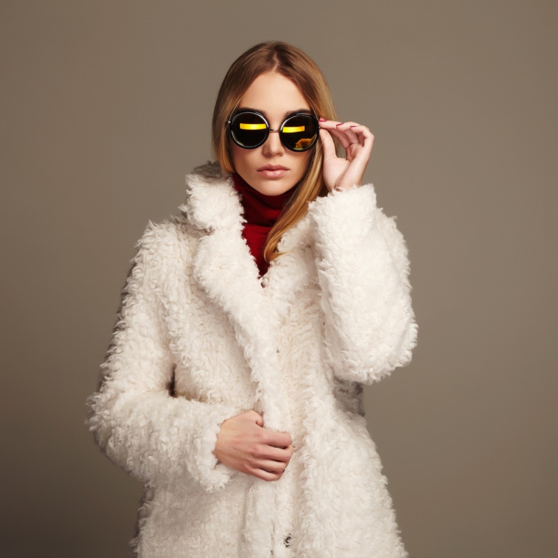 Model White Faux Fur Coat Sunglasses