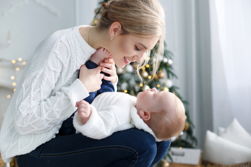 Mother Smiling Baby Winter Sweater Christmas Tree