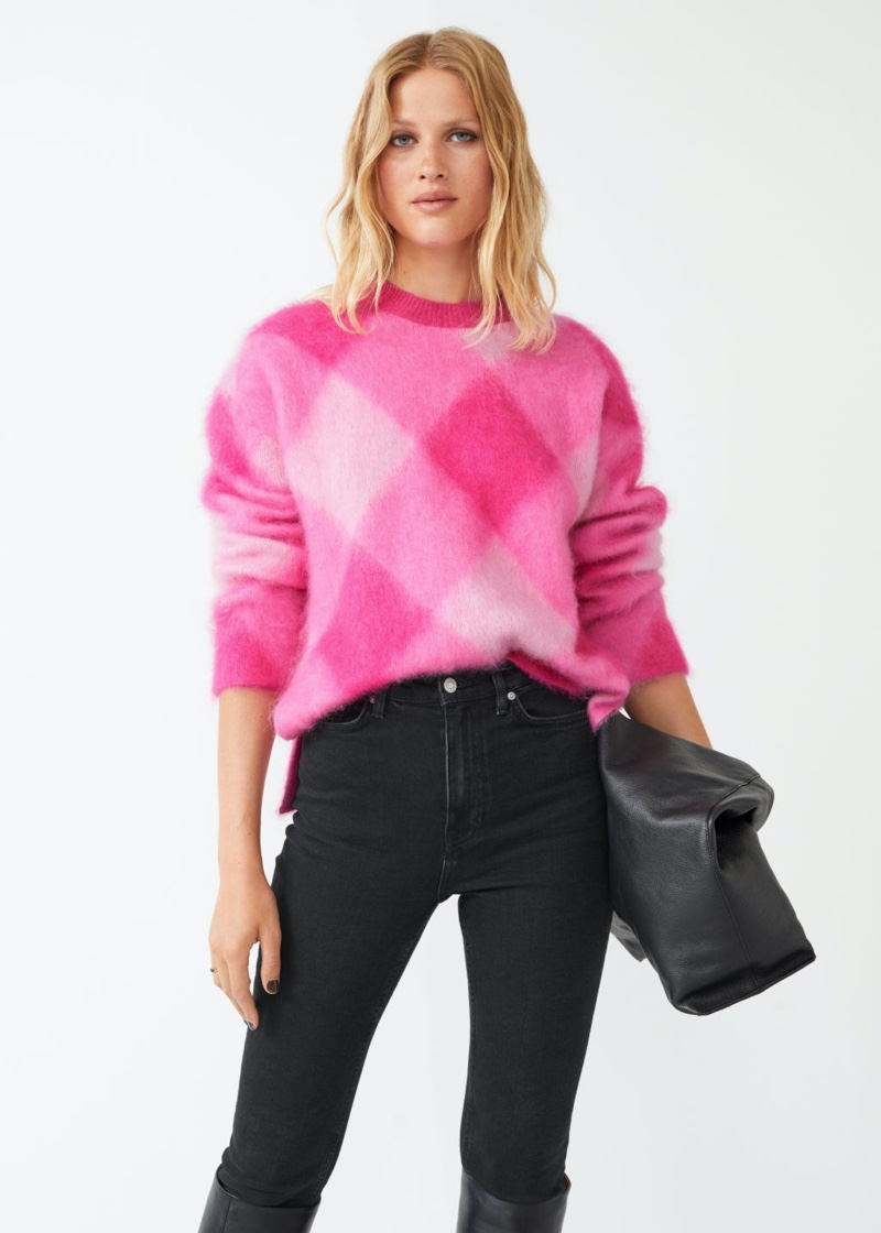 & Other Stories Diagonal Plaid Mohair Sweater in Pink $139