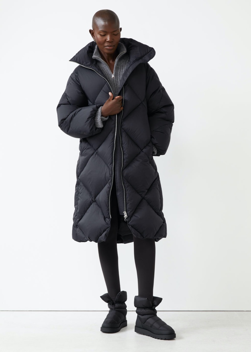 & Other Stories Diamond Padded Puffer Coat in Black $299