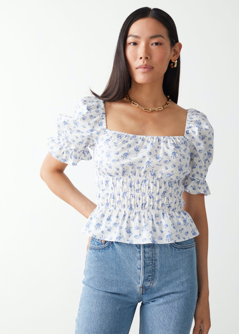 & Other Stories Puff Sleeve Top in White Print $69