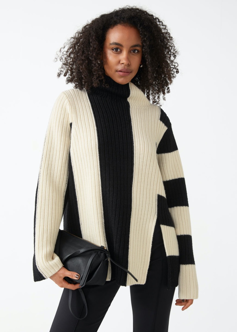& Other Stories Slouchy Ribbed Mock Neck Sweater in Black/White $149