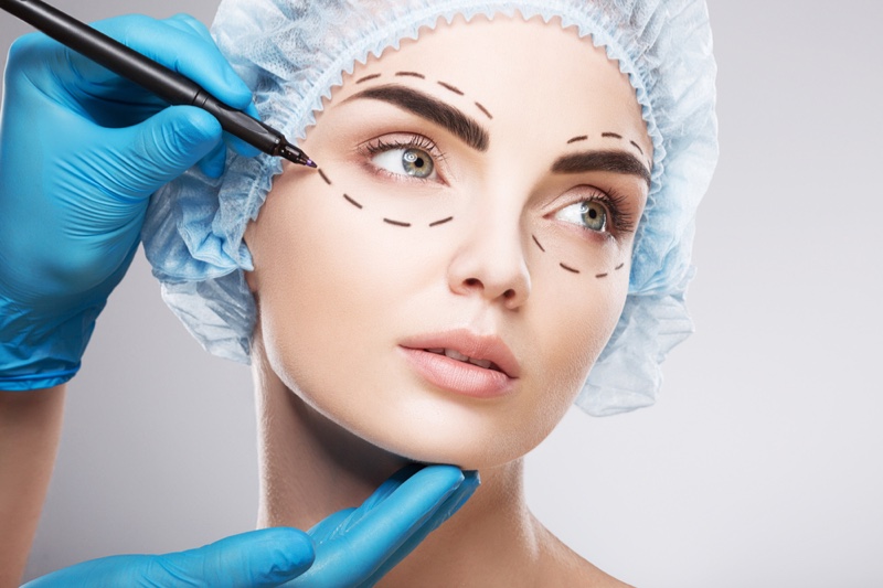 Plastic Surgery Eyes Beauty Concept Lines Drawn Gloved Hands