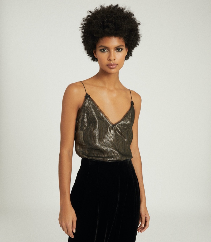 REISS Elianna Metallic Lace-Trim Cami $245