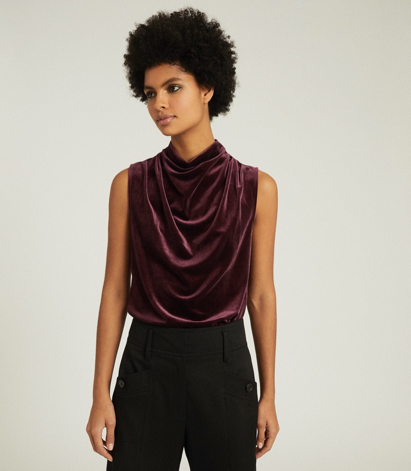 REISS Lola High Neck Sleeveless Top in Berry $145