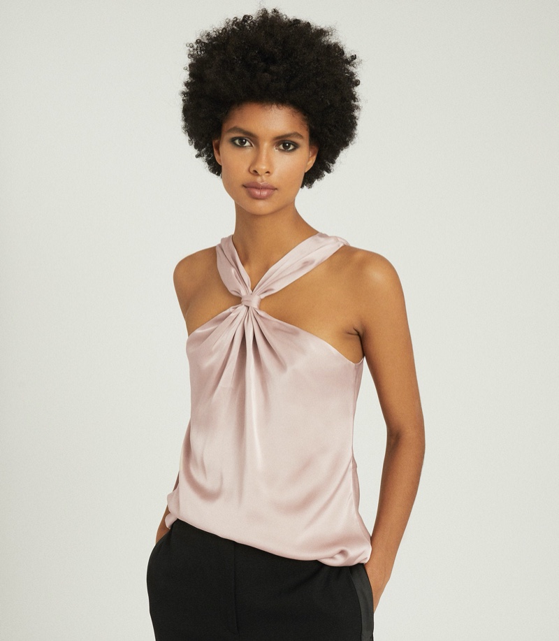 REISS Neavah Satin Halterneck Top $220