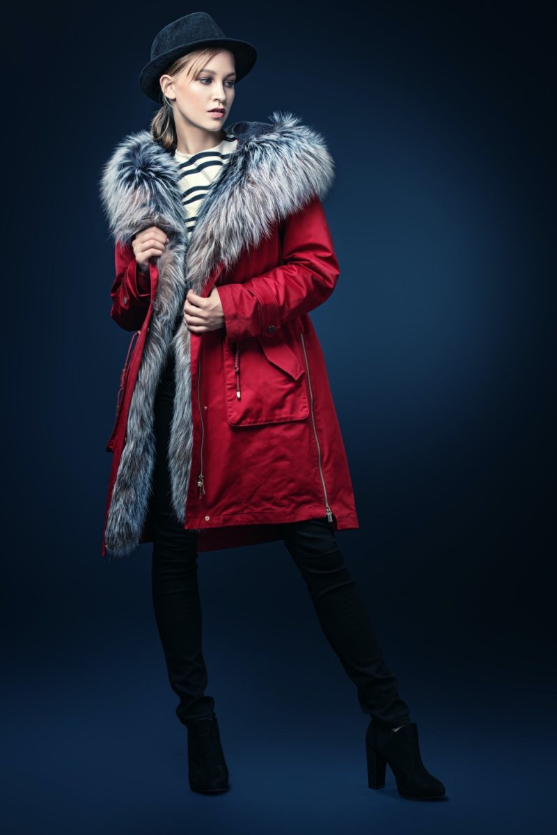 Red Down Jacket with Fur