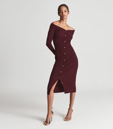 Reiss Camille Knitted Button Through Midi Dress in Burgundy $325