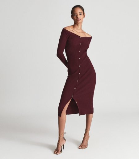 Best of Both Worlds: Step Out in A REISS Sweater Dress Reiss Camille Knitted Button Through Midi Dress in Burgundy $325
