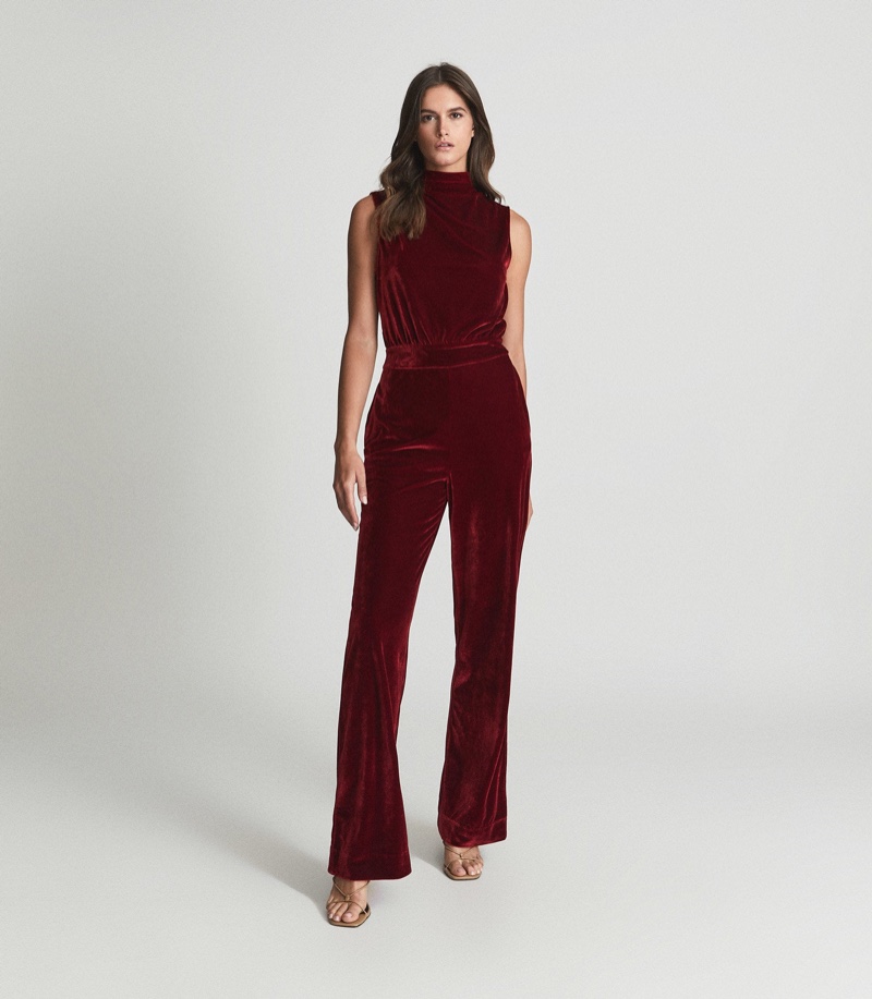 Reiss Diane Sleeveless Velvet Jumpsuit in Red $345