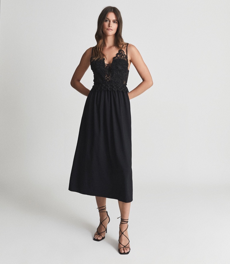 Reiss Serena Lace Detailed Midi Dress Black $465