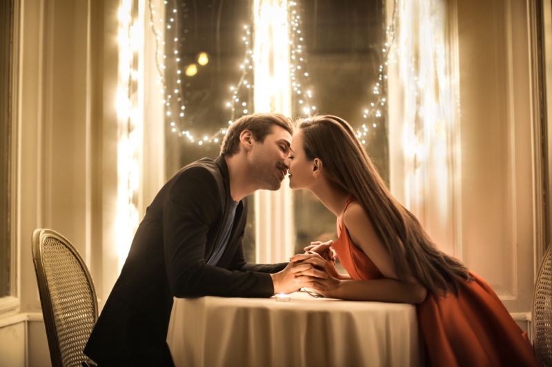 Romantic Couple Kiss Date Dinner Fairy Lights