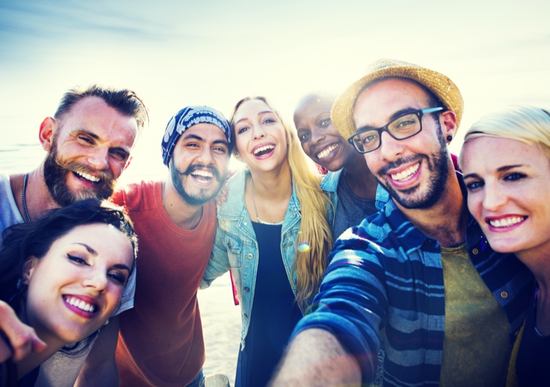 Smiling Group Friends Selfie Beach