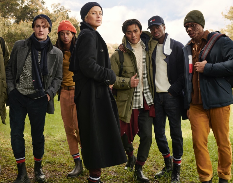 Carolyn Murphy poses with male models for Tommy Hilfiger fall-winter 2020 campaign.