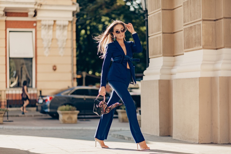 Walking Model Street Italy Blue Pant Suit