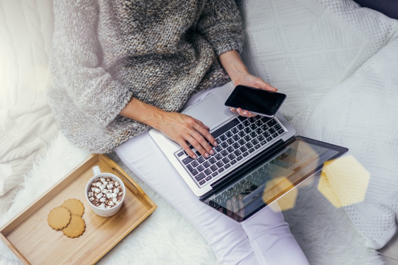 Woman Laptop Phone Comfy Cookies Hot Chocolate