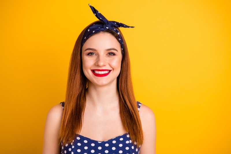 Woman Polka Dot Print Knot Headband Smiling