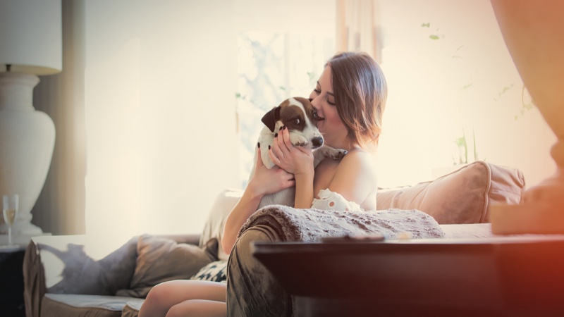 Woman Smiling Dog Couch Relaxation