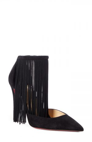 Women's Christian Louboutin Courtain Ankle Fringe Pointed Toe Pump, Size 5.5US - Black