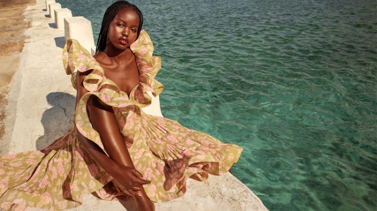 Adut Akech poses for Zimmermann resort 2021 campaign.