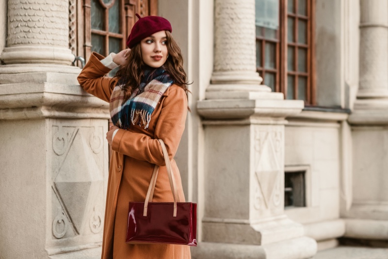 Autumn Style Coat Scarf Beret Bag Chic Outfit