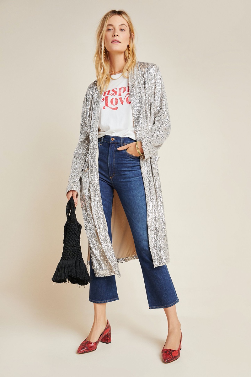 BB Dakota Dulcinea Sequined Duster Jacket in Silver $148